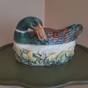 Vintage Pacific Rim Hand Painted Glass Duck & Floral Figurine and Trinket Box